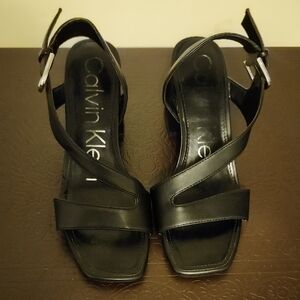 Calvin Klein Black Leather Ankle-Strap Heels